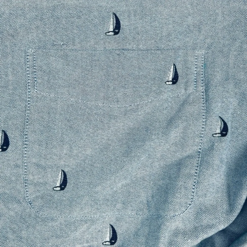 J Crew Dress Shirt Mens XL 17-17.5 Flex Button Up Denim‎ Blue Sailboat Print
